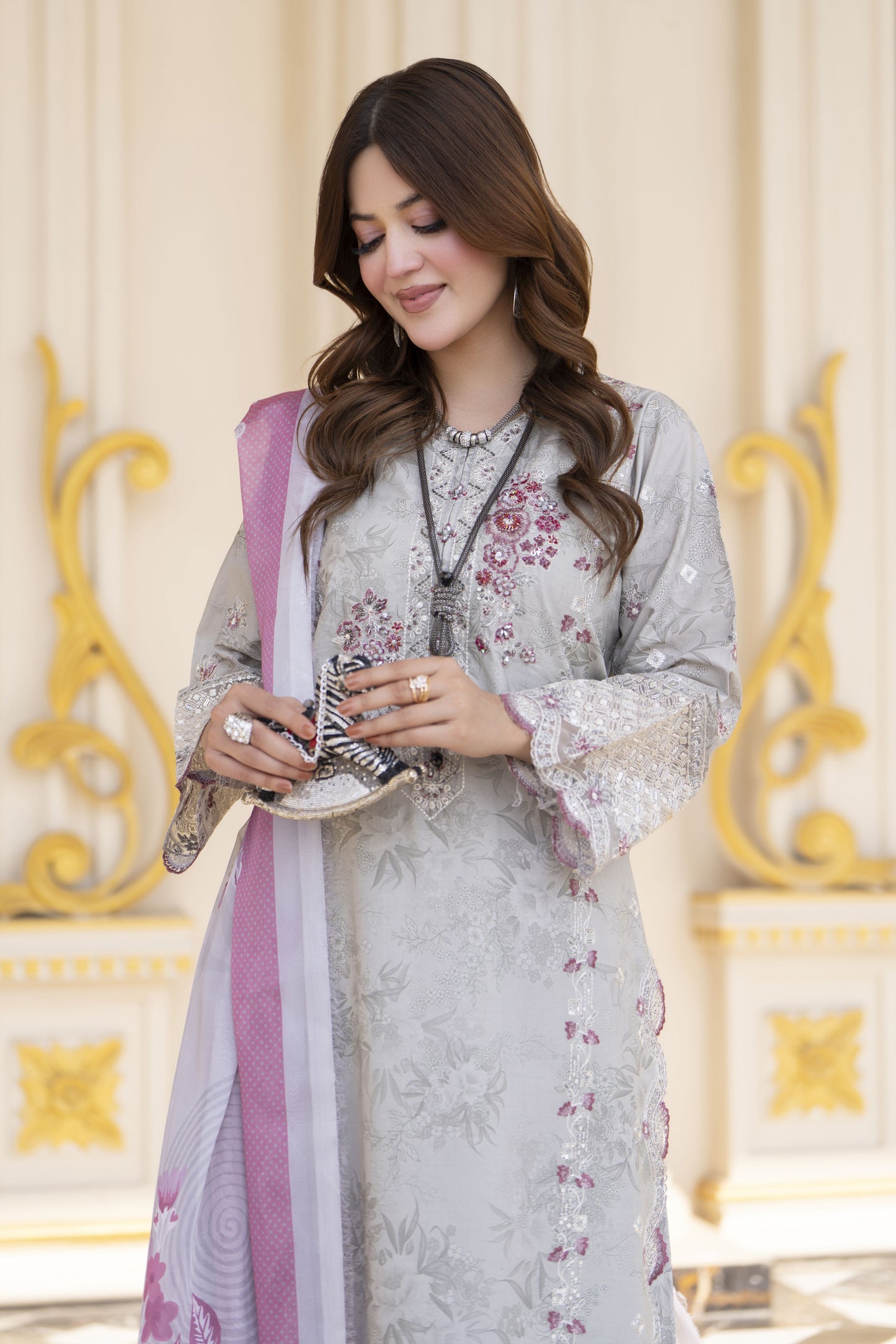 Khushi by Silver Grey – 3pc Embroidered Cotton Long Suit KBS12