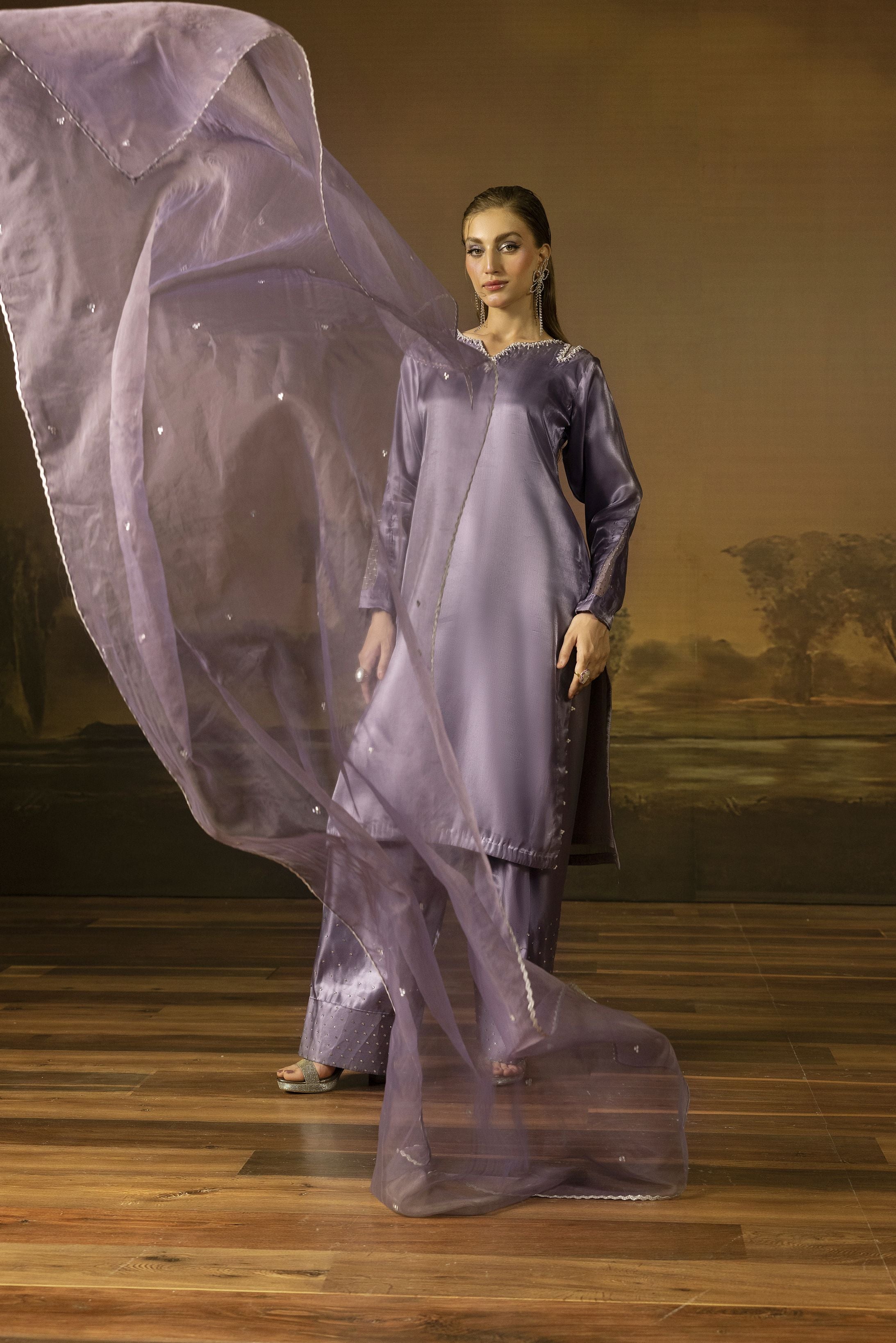 Lavender Diamante Silk Farshi Shalwar Set - Farshi Bahaar by Mona FBM5