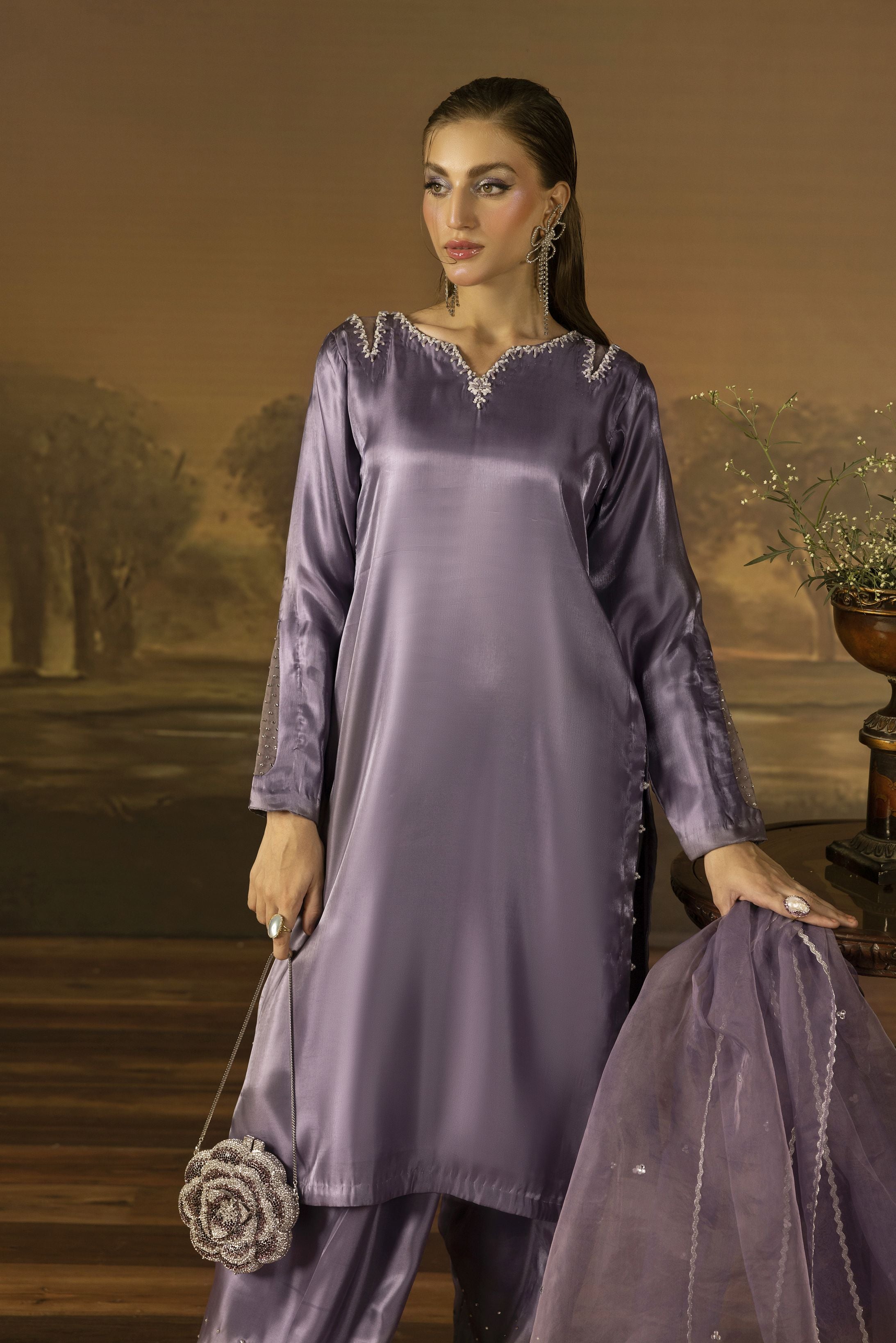 Lavender Diamante Silk Farshi Shalwar Set - Farshi Bahaar by Mona FBM5