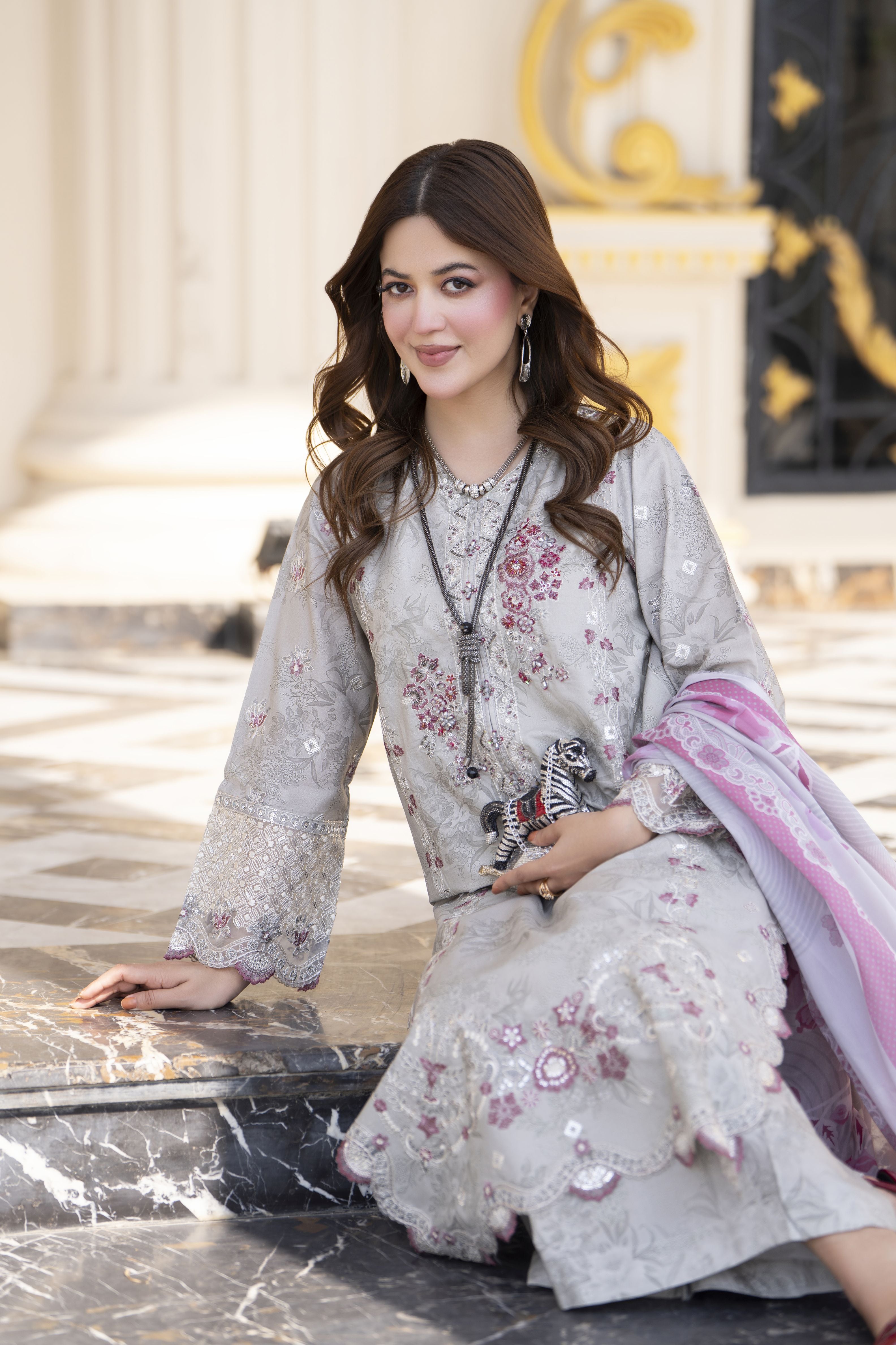 Khushi by Silver Grey – 3pc Embroidered Cotton Long Suit KBS12