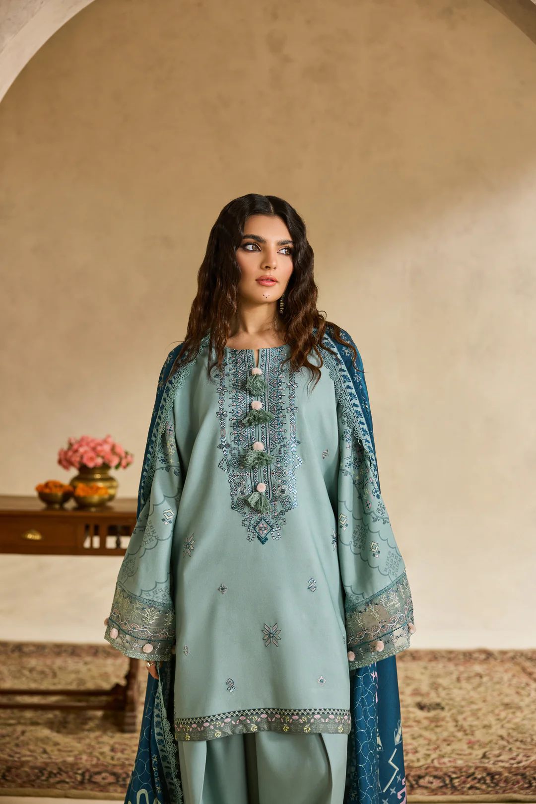 Linen by Florent – 3pc Embroidered Winter Suit with Shawl NAF13