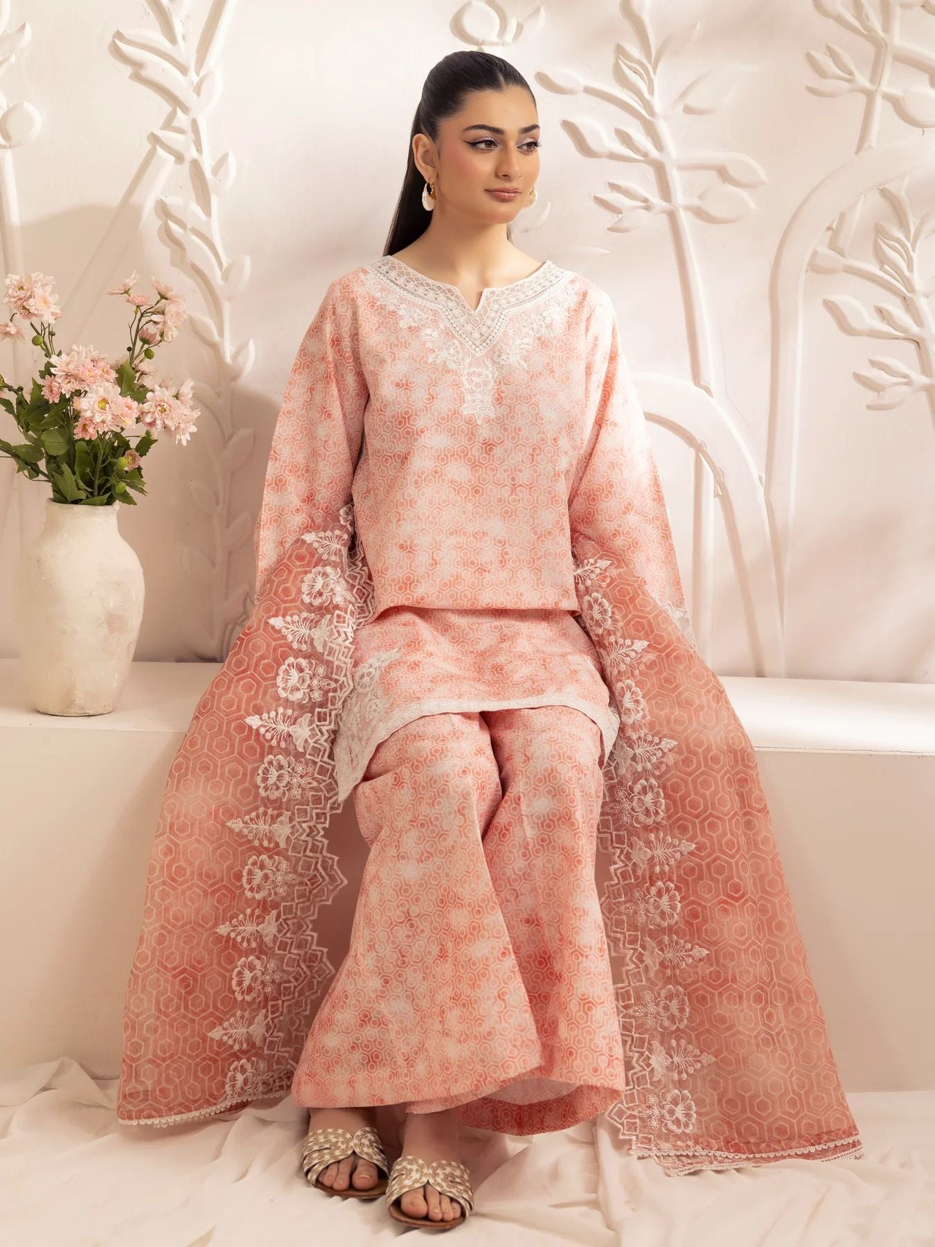 Muse04 – Peach Bloom | 3pc Silk Lawn Printed & Embroidered Suit with Organza Dupatta by Mohagni
