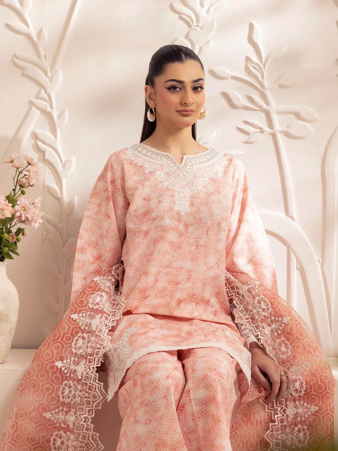 Muse04 – Peach Bloom | 3pc Silk Lawn Printed & Embroidered Suit with Organza Dupatta by Mohagni