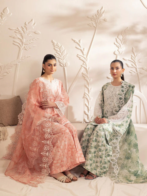 Muse04 – Peach Bloom | 3pc Silk Lawn Printed & Embroidered Suit with Organza Dupatta by Mohagni