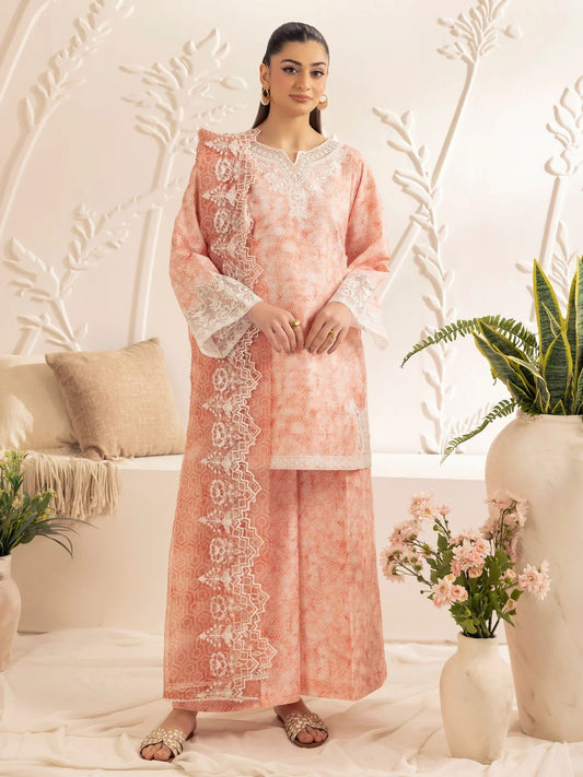 Muse04 – Peach Bloom | 3pc Silk Lawn Printed & Embroidered Suit with Organza Dupatta by Mohagni