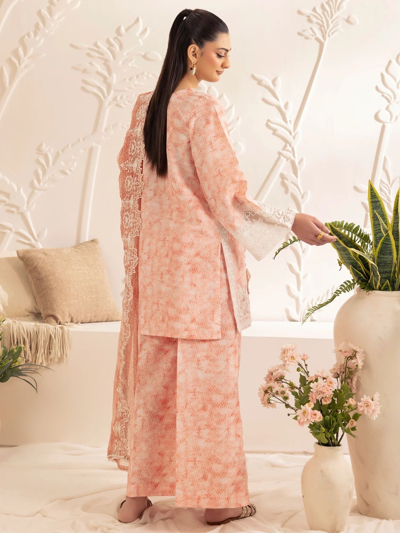 Muse04 – Peach Bloom | 3pc Silk Lawn Printed & Embroidered Suit with Organza Dupatta by Mohagni