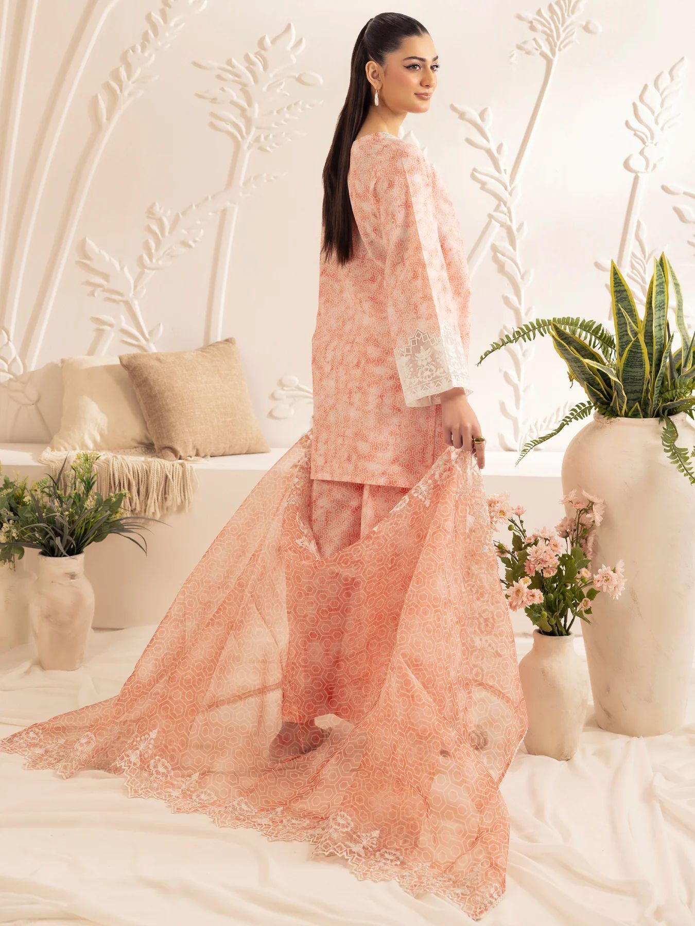 Muse04 – Peach Bloom | 3pc Silk Lawn Printed & Embroidered Suit with Organza Dupatta by Mohagni