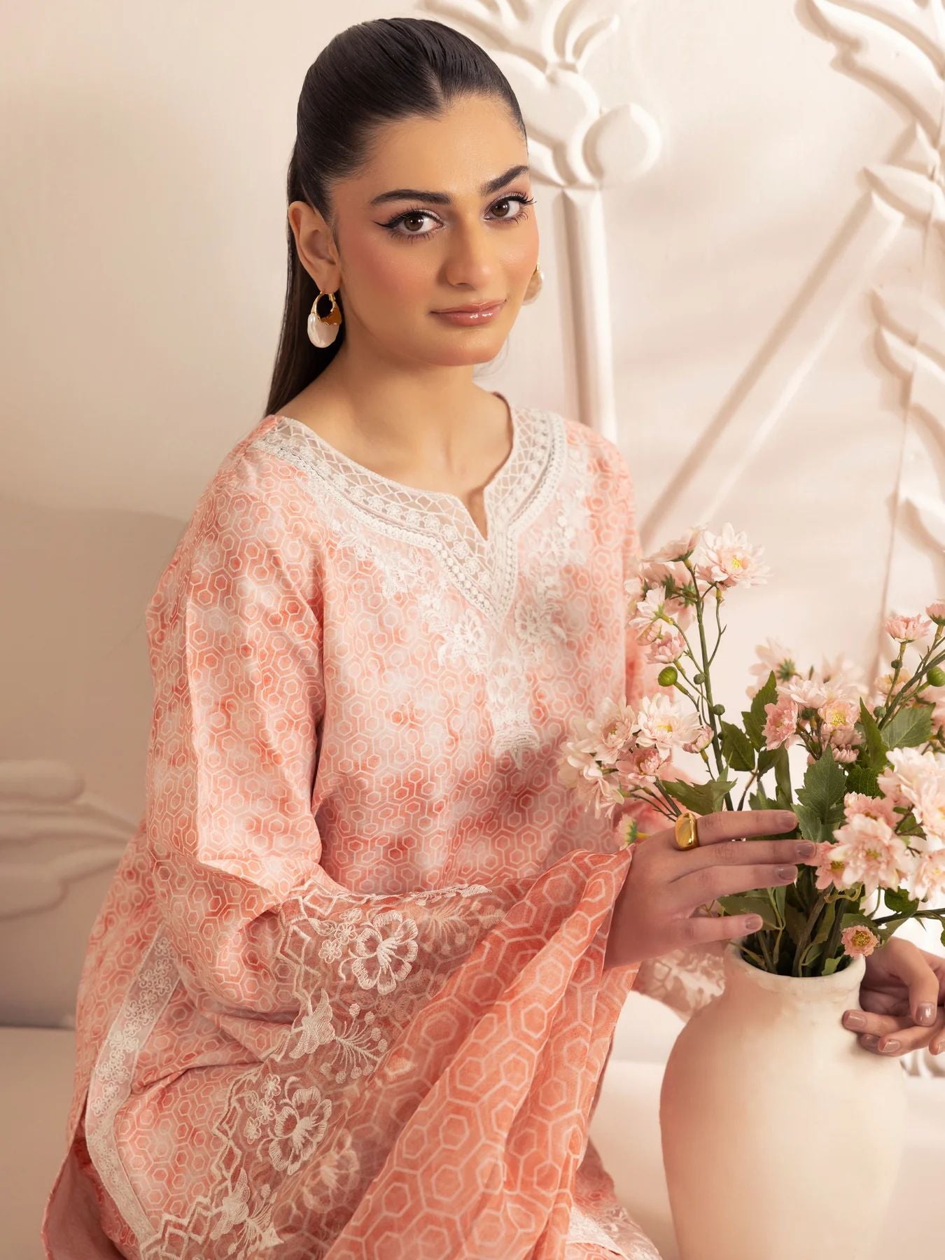 Muse04 – Peach Bloom | 3pc Silk Lawn Printed & Embroidered Suit with Organza Dupatta by Mohagni