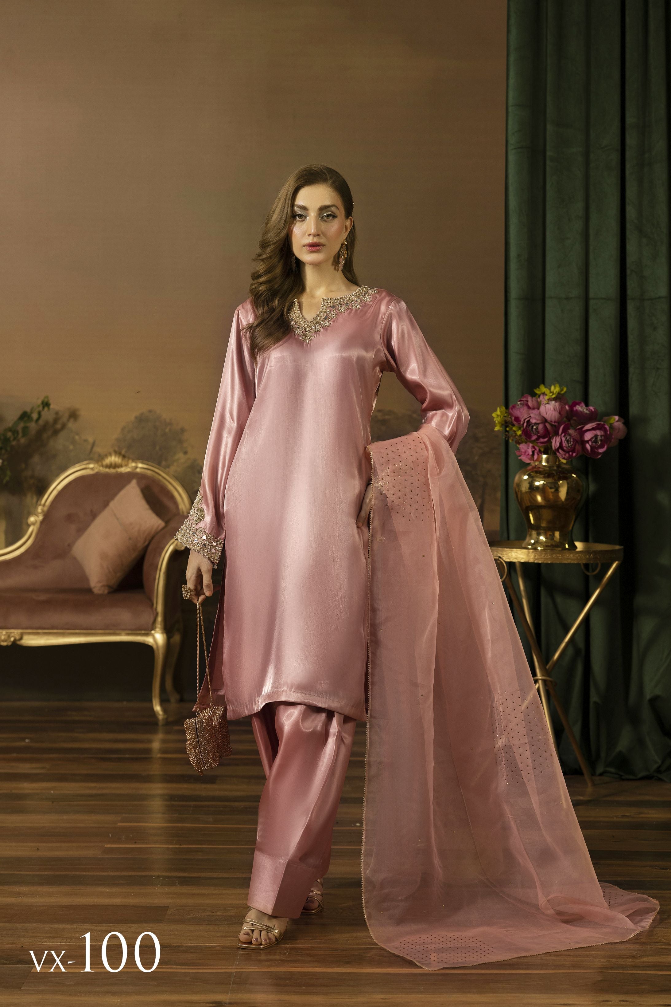 Blush Pink Mirror Work Silk Farshi Shalwar Designer Dress - Farshi Bahaar by Mona FBM6