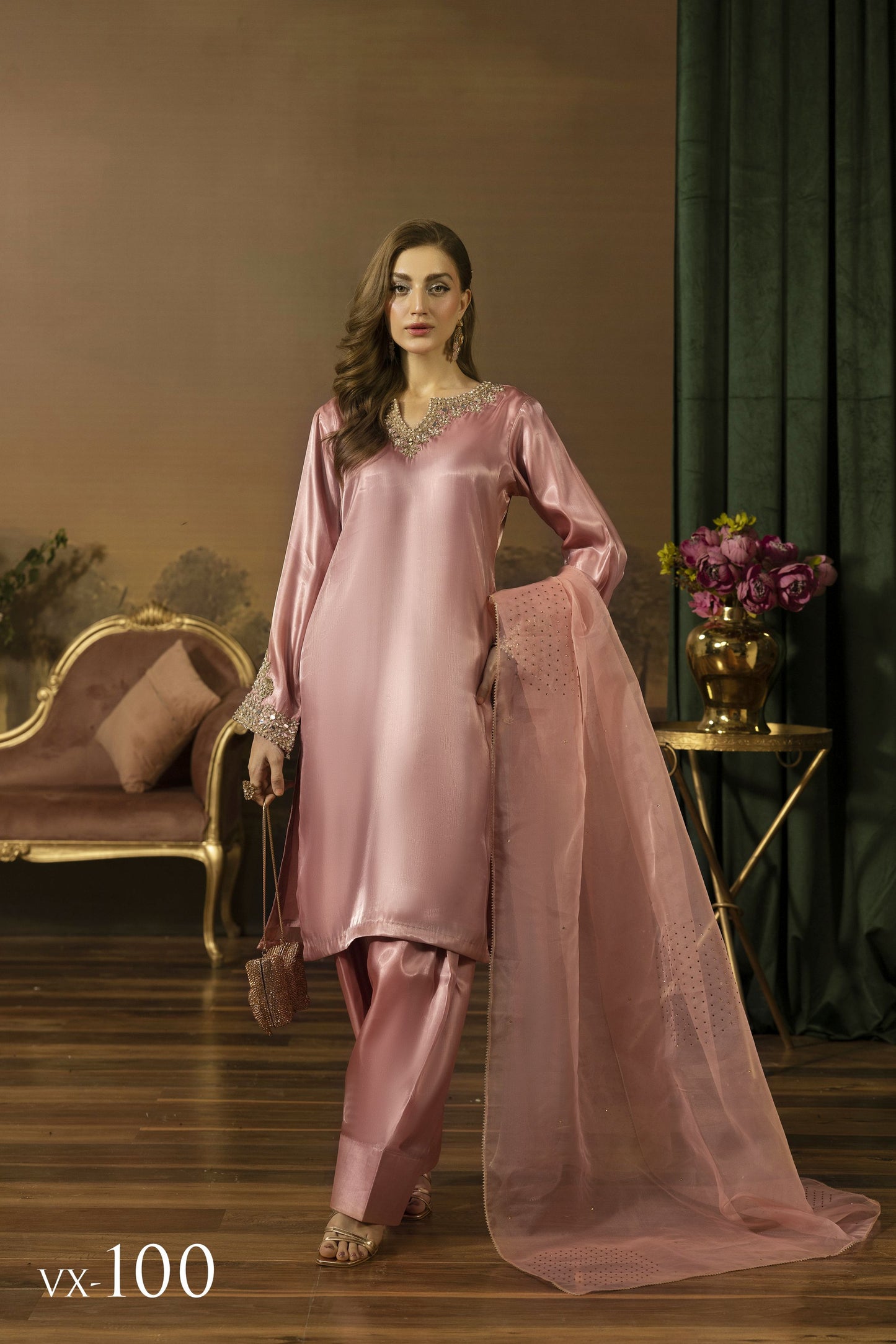 Blush Pink Mirror Work Silk Farshi Shalwar Designer Dress - Farshi Bahaar by Mona FBM6