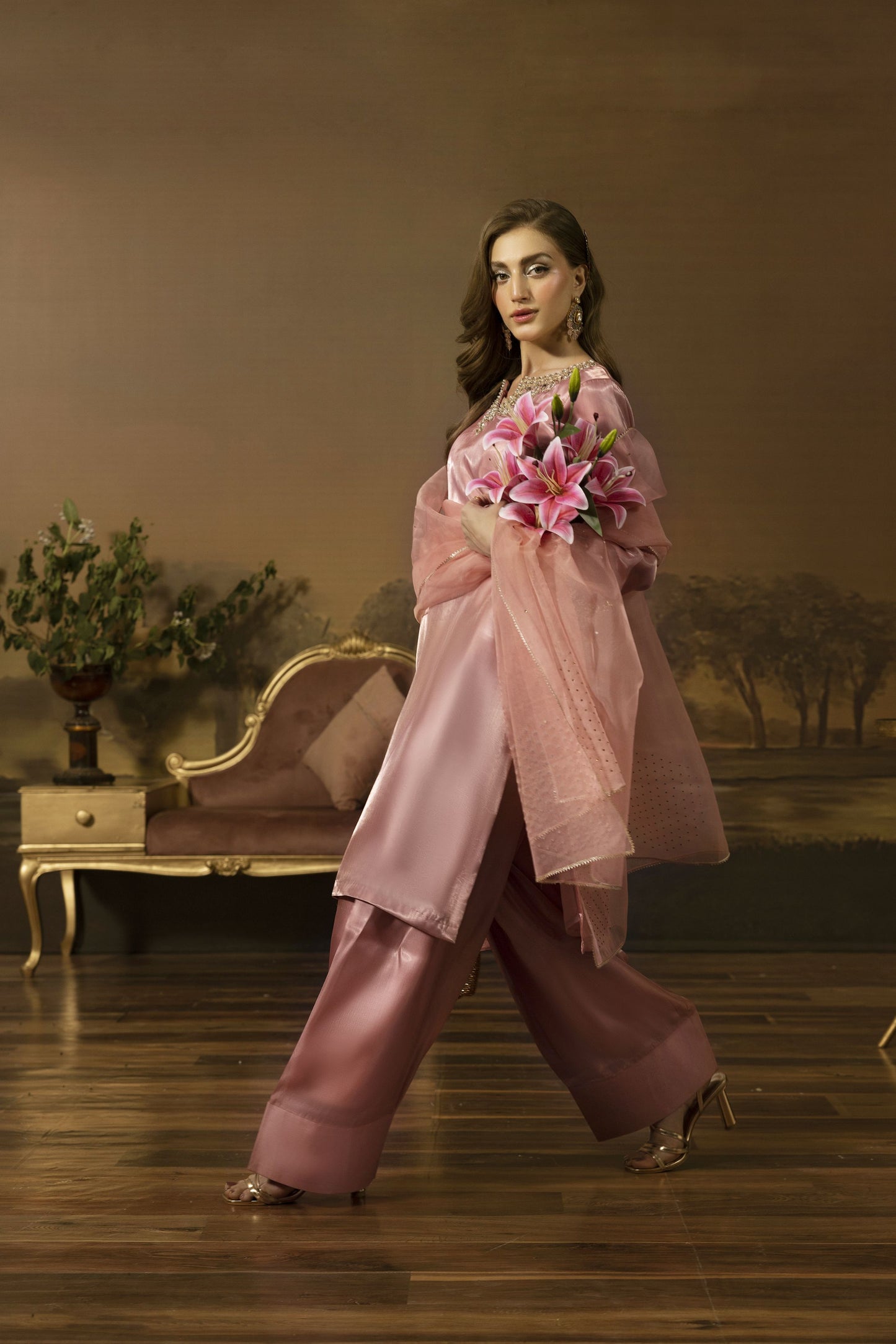 Blush Pink Mirror Work Silk Farshi Shalwar Designer Dress - Farshi Bahaar by Mona FBM6