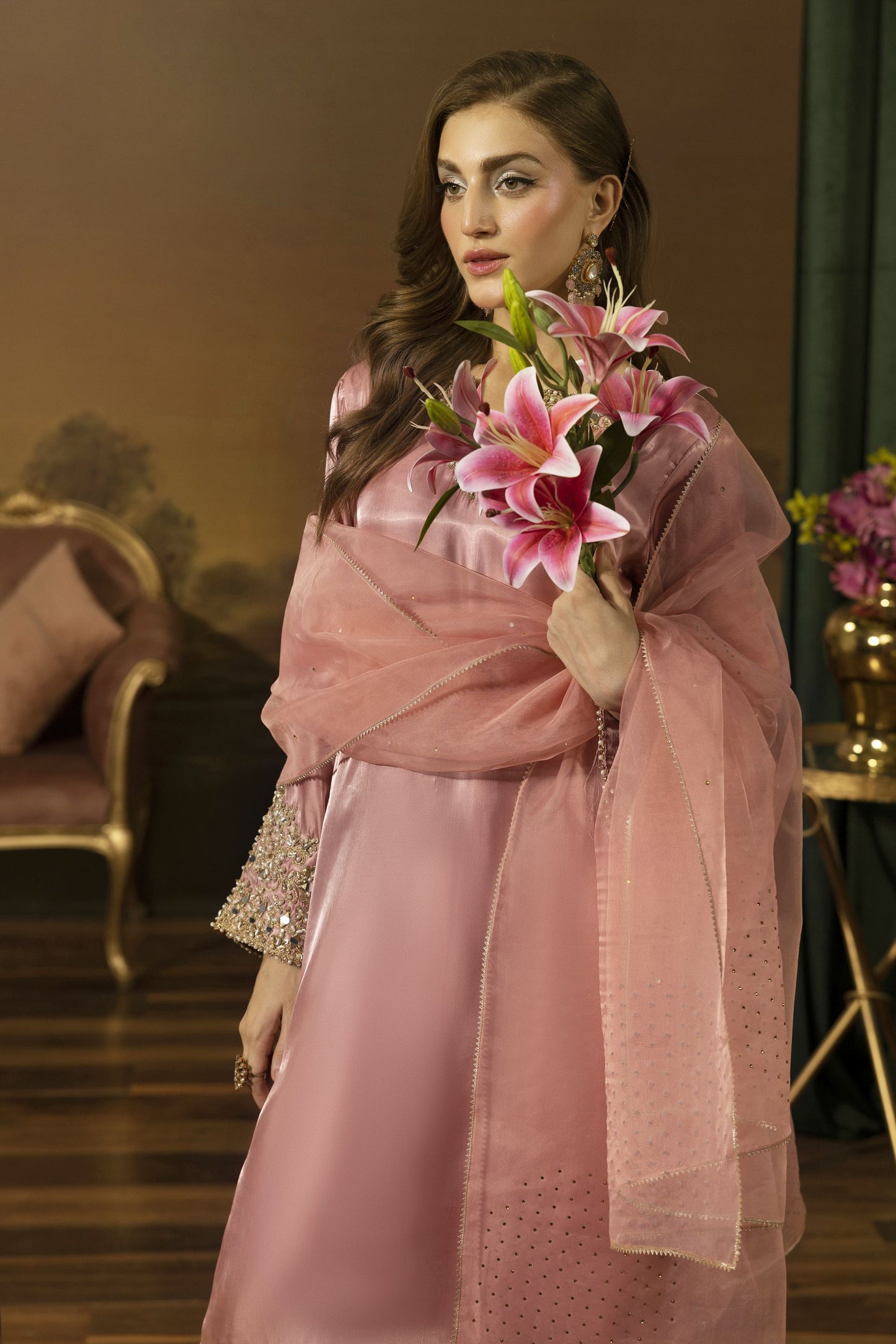 Blush Pink Mirror Work Silk Farshi Shalwar Designer Dress - Farshi Bahaar by Mona FBM6