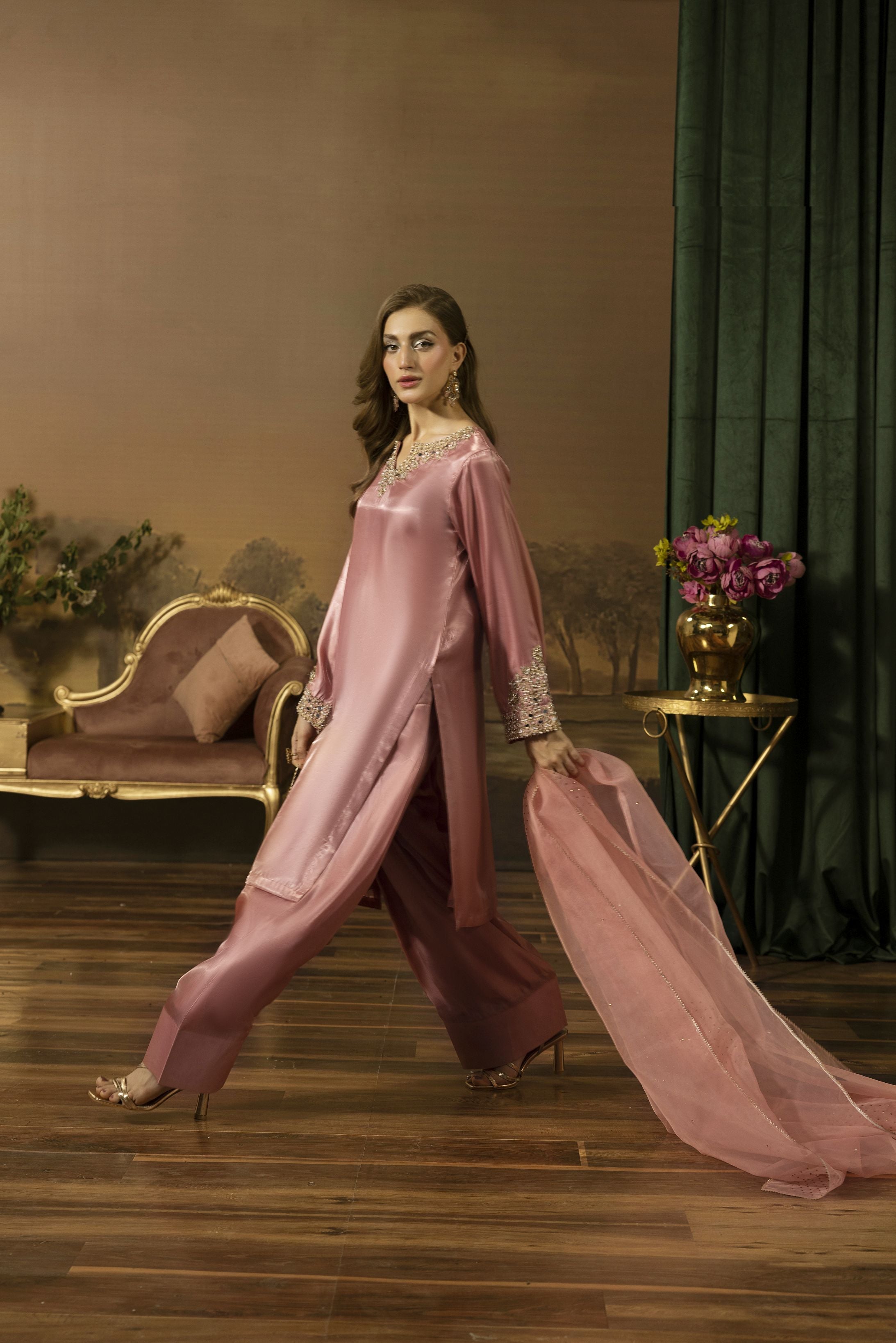 Blush Pink Mirror Work Silk Farshi Shalwar Designer Dress - Farshi Bahaar by Mona FBM6