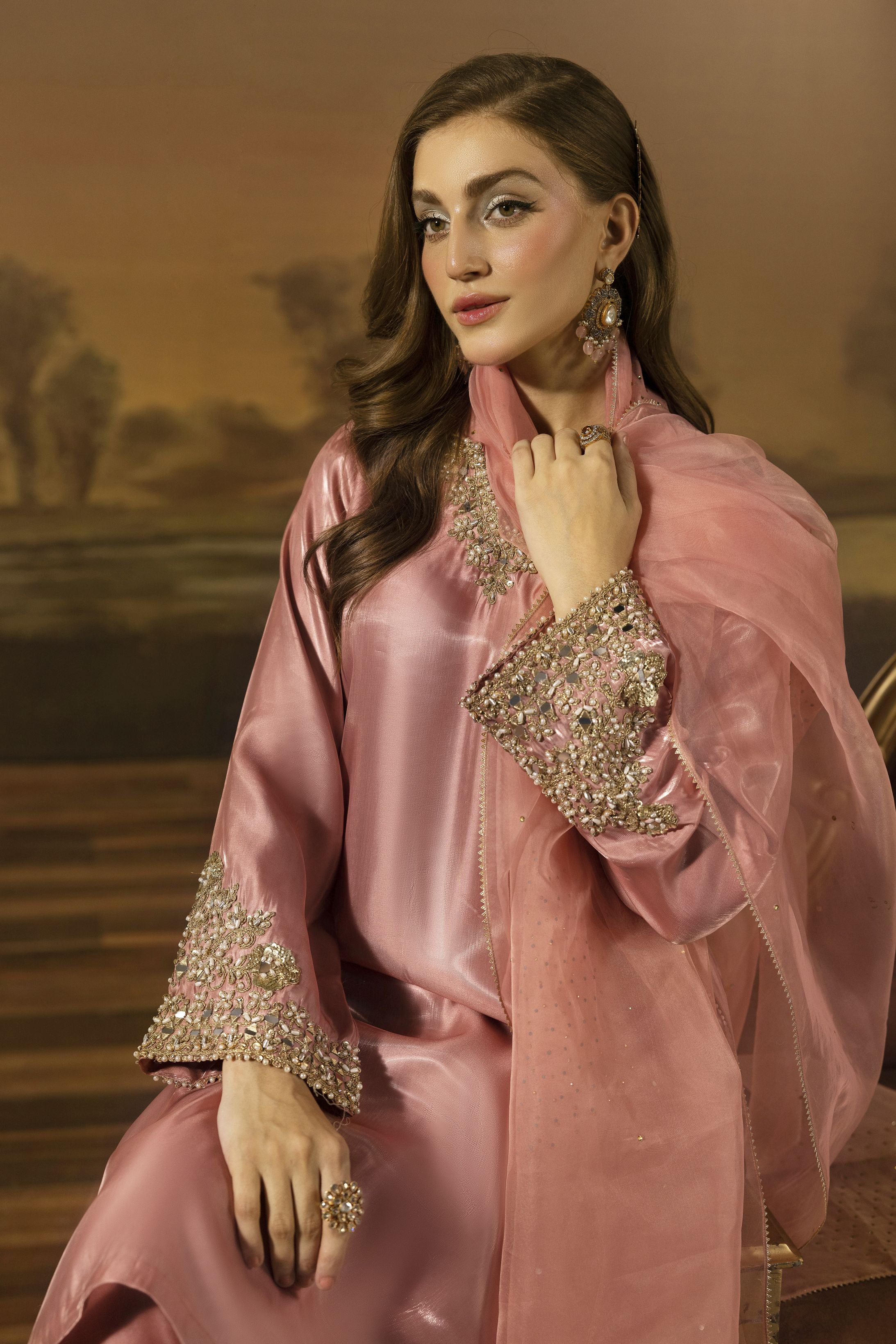 Blush Pink Mirror Work Silk Farshi Shalwar Designer Dress - Farshi Bahaar by Mona FBM6