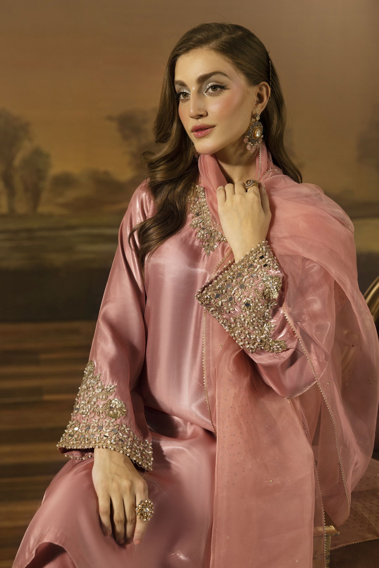 Blush Pink Mirror Work Silk Farshi Shalwar Designer Dress - Farshi Bahaar by Mona FBM6