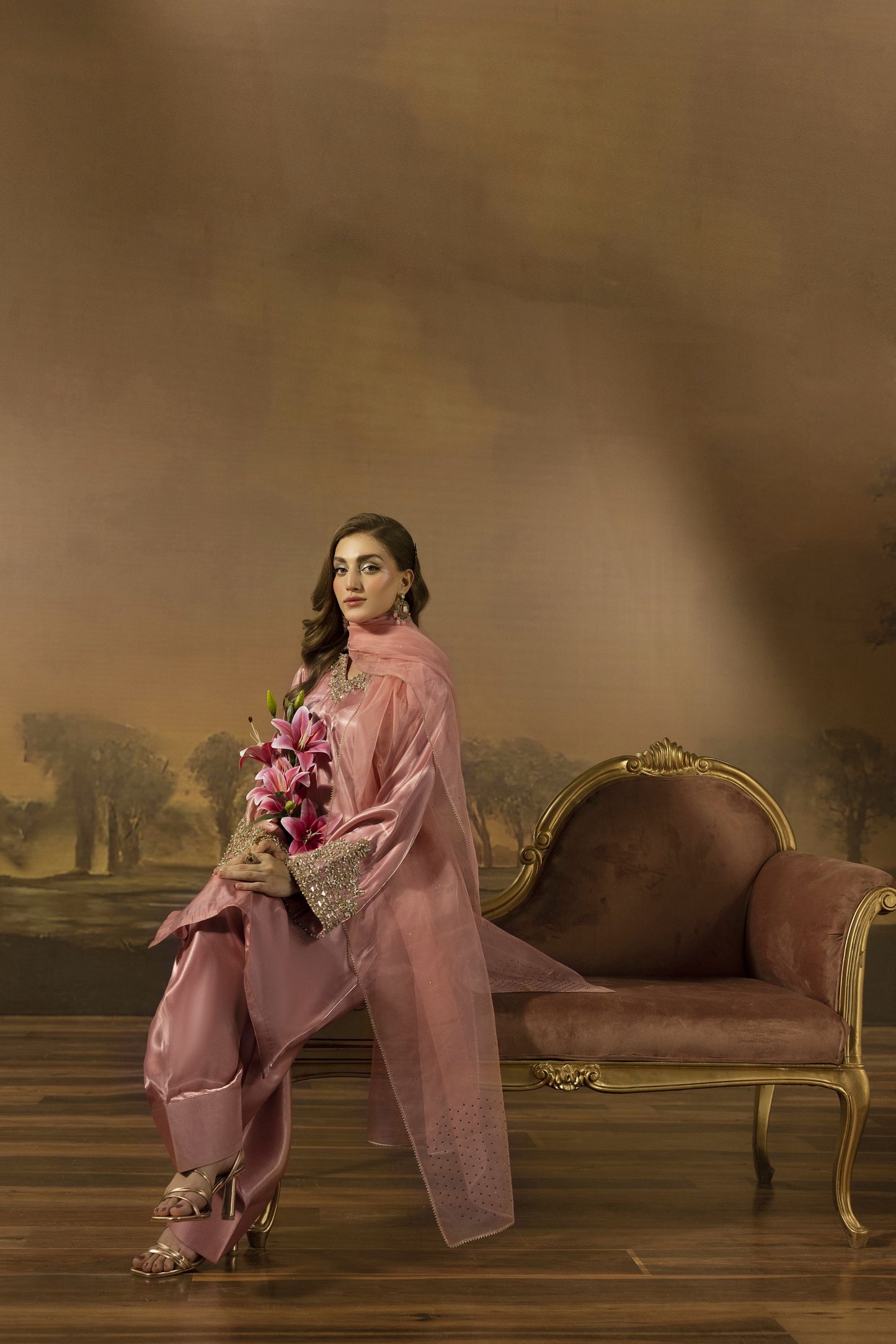 Blush Pink Mirror Work Silk Farshi Shalwar Designer Dress - Farshi Bahaar by Mona FBM6