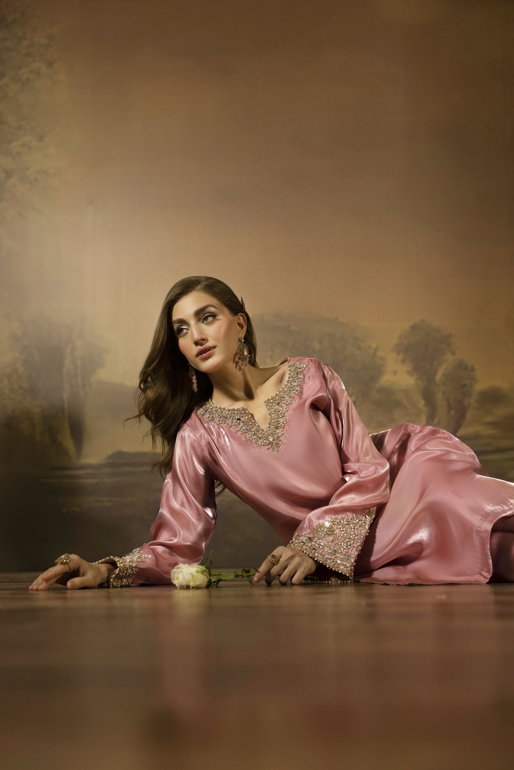 Blush Pink Mirror Work Silk Farshi Shalwar Designer Dress - Farshi Bahaar by Mona FBM6