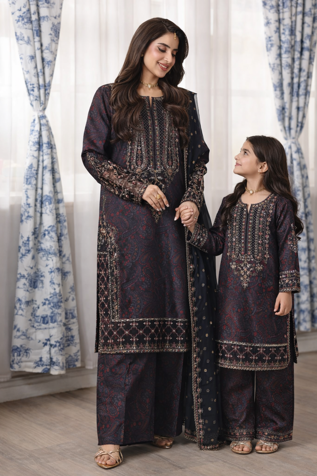 Mohagni MSA5 Mother Daughter Silk Viscose Embroidered 3pc Suit
