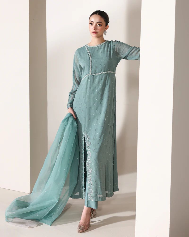 Starstruck by Ain – Sea Green Zari Chiffon 3pc Dress SBA4