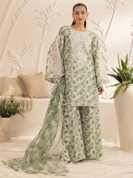 Muse05 – Olive Dream | 3pc Printed Silk Lawn Suit with Embroidered Organza Dupatta by Mohagni