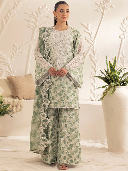 Muse05 – Olive Dream | 3pc Printed Silk Lawn Suit with Embroidered Organza Dupatta by Mohagni
