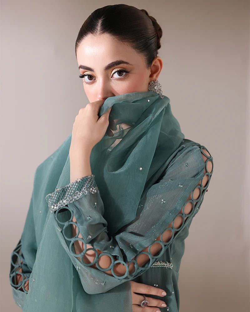 Starstruck by Ain – Sea Green Zari Chiffon 3pc Dress SBA4