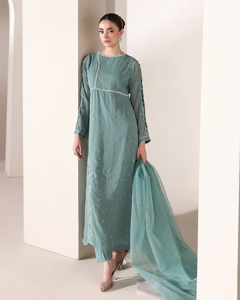 Starstruck by Ain – Sea Green Zari Chiffon 3pc Dress SBA4