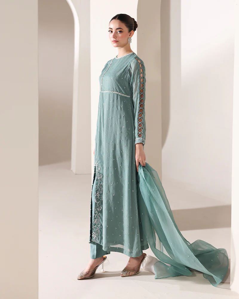 Starstruck by Ain – Sea Green Zari Chiffon 3pc Dress SBA4