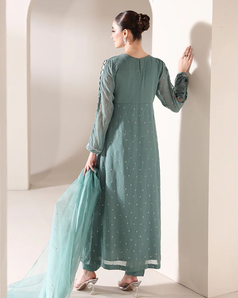 Starstruck by Ain – Sea Green Zari Chiffon 3pc Dress SBA4