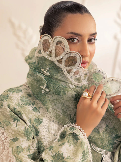 Muse05 – Olive Dream | 3pc Printed Silk Lawn Suit with Embroidered Organza Dupatta by Mohagni