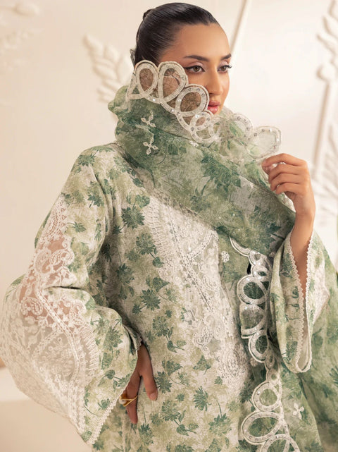 Muse05 – Olive Dream | 3pc Printed Silk Lawn Suit with Embroidered Organza Dupatta by Mohagni