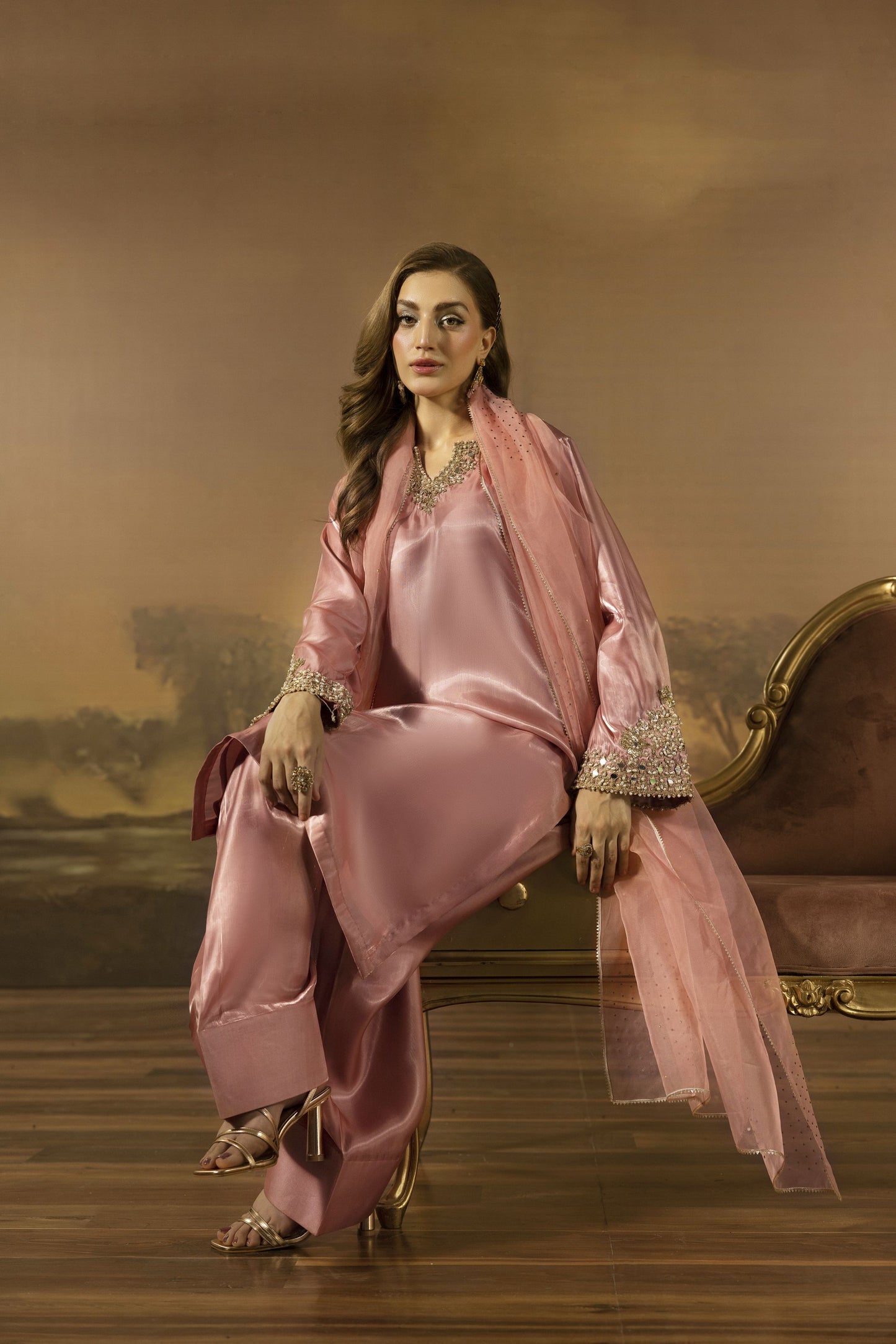 Blush Pink Mirror Work Silk Farshi Shalwar Designer Dress - Farshi Bahaar by Mona FBM6