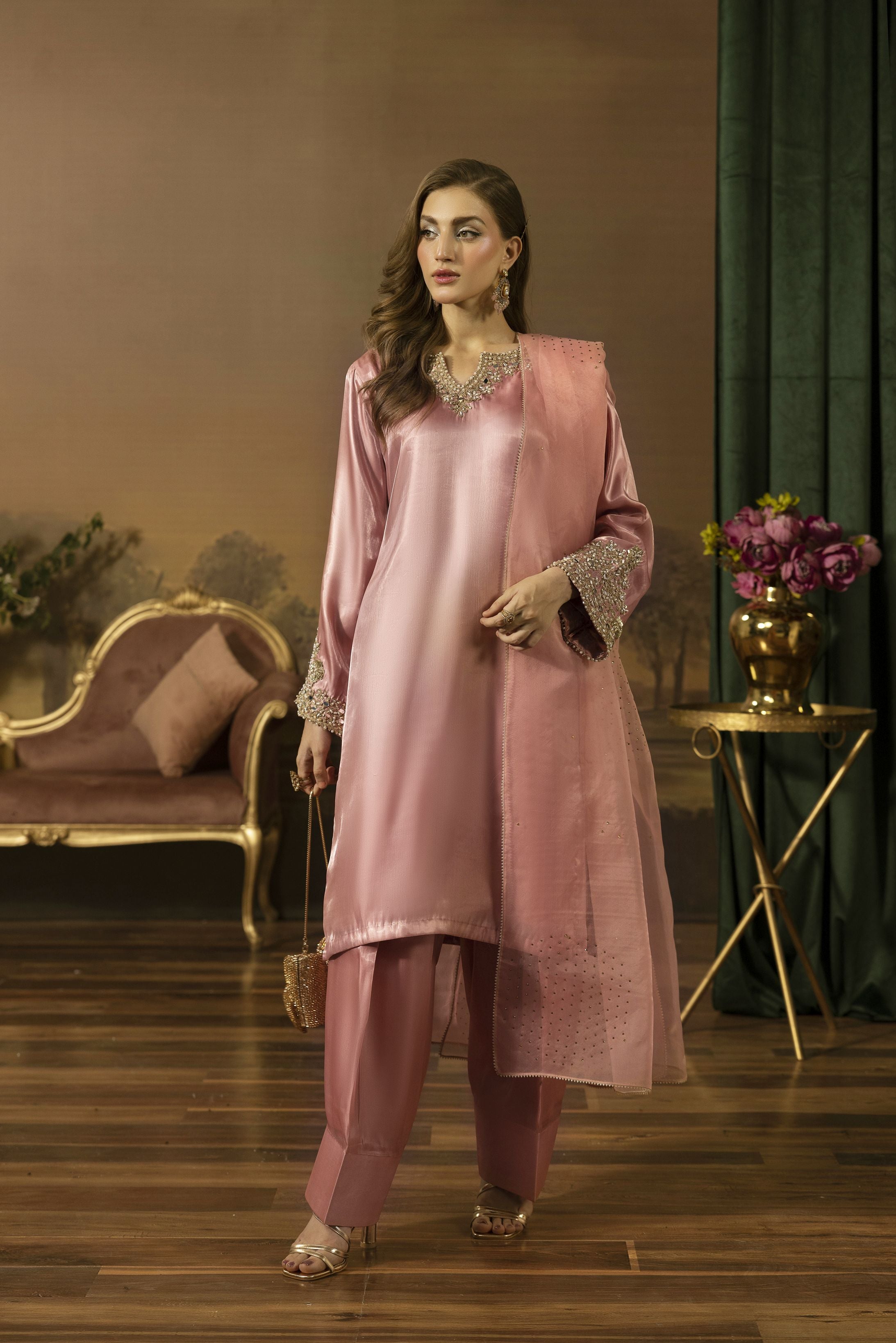 Blush Pink Mirror Work Silk Farshi Shalwar Designer Dress - Farshi Bahaar by Mona FBM6