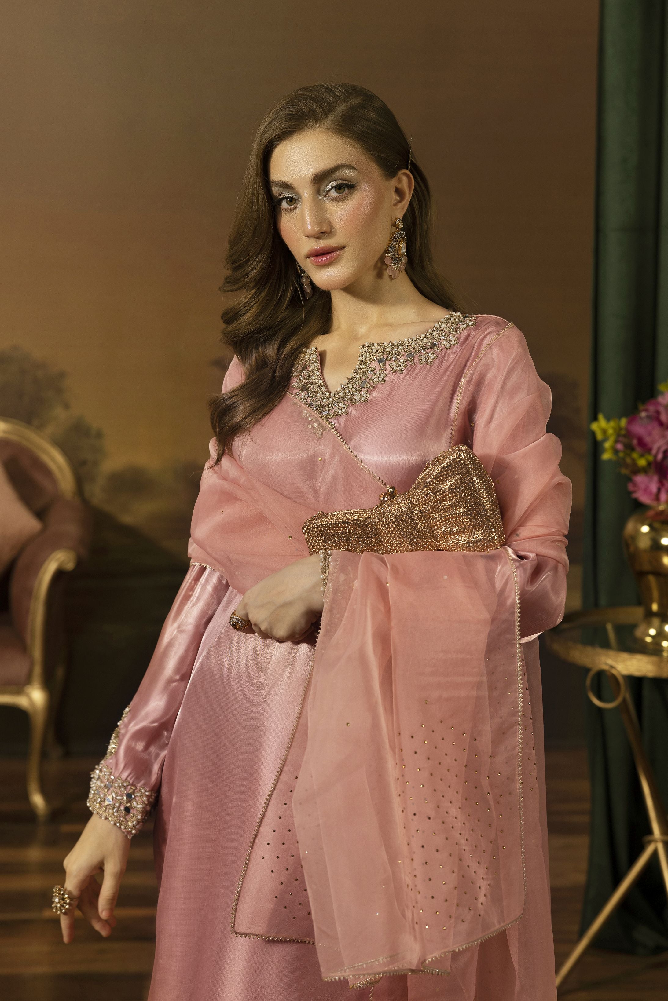 Blush Pink Mirror Work Silk Farshi Shalwar Designer Dress - Farshi Bahaar by Mona FBM6