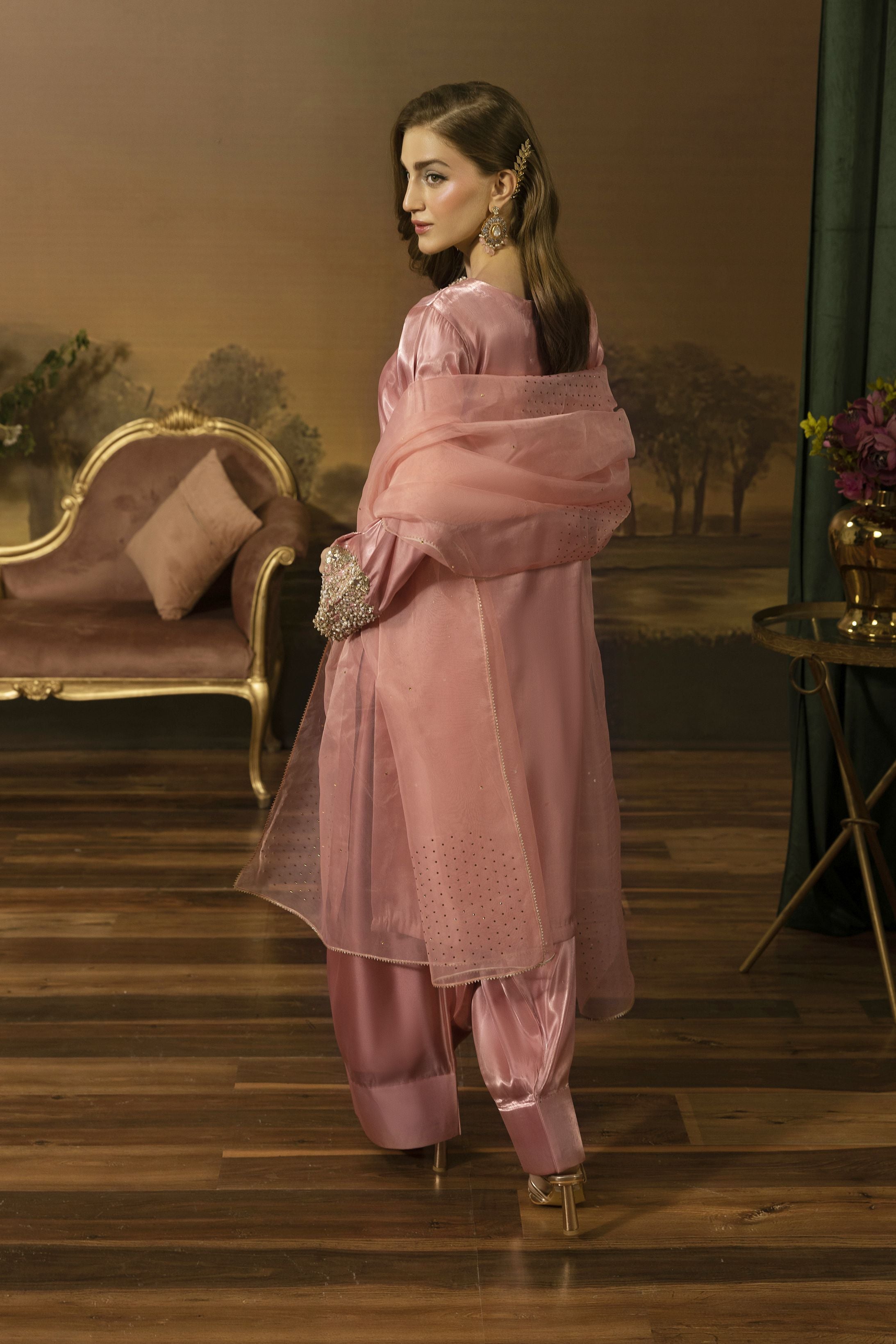 Blush Pink Mirror Work Silk Farshi Shalwar Designer Dress - Farshi Bahaar by Mona FBM6