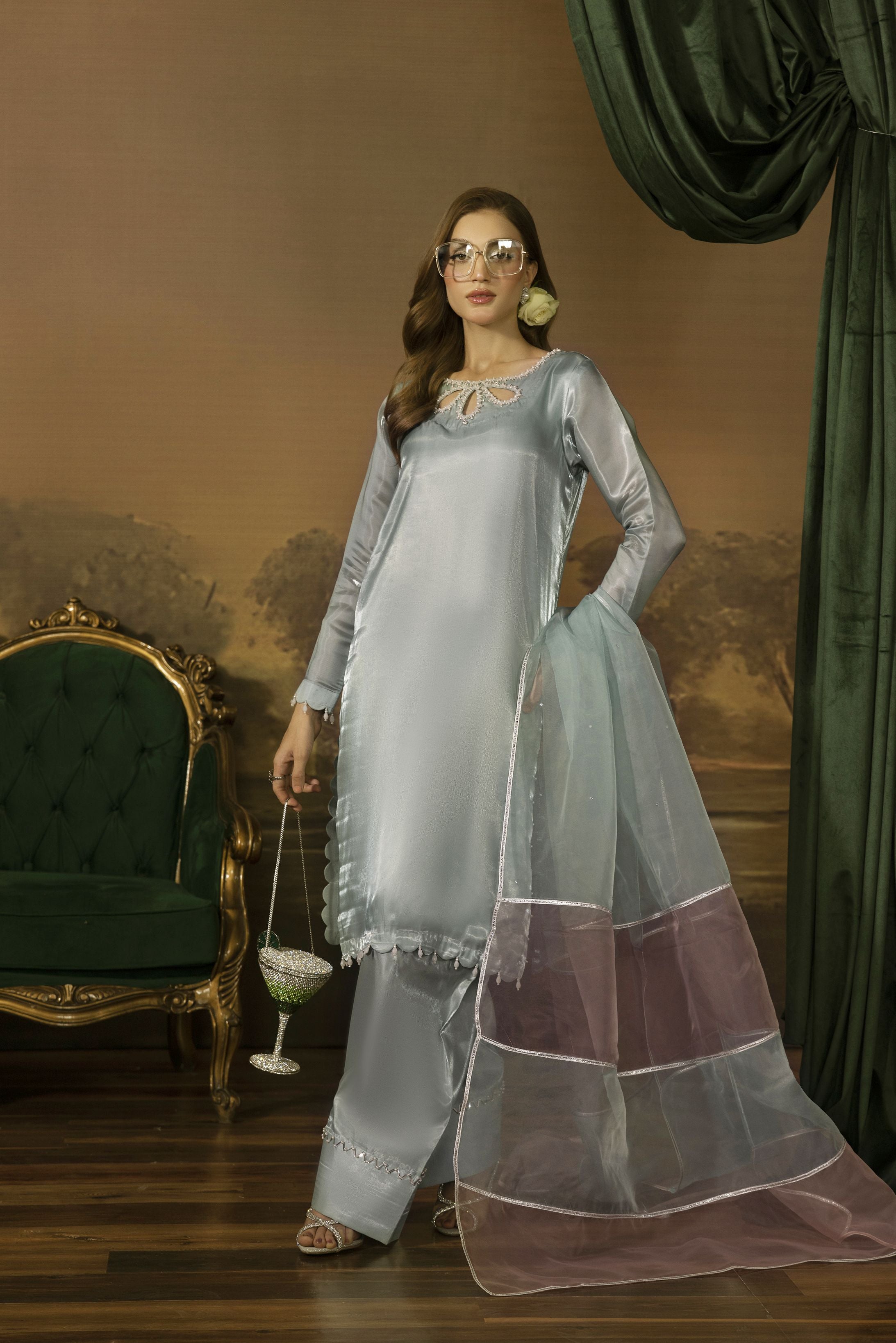Crystal Pearl Embellished Silk Farshi Set - Farshi Bahaar by Mona FBM1