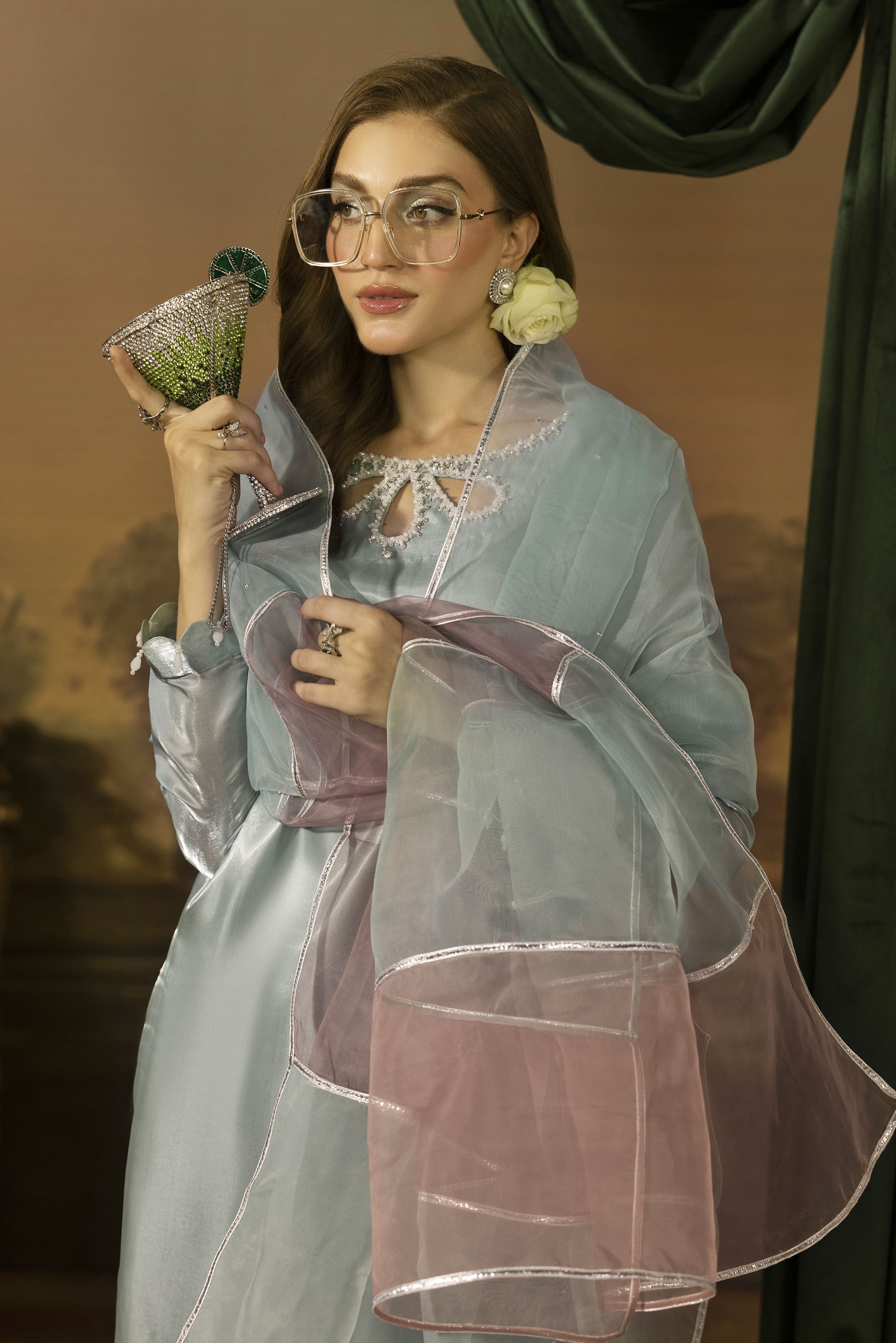 Crystal Pearl Embellished Silk Farshi Set - Farshi Bahaar by Mona FBM1