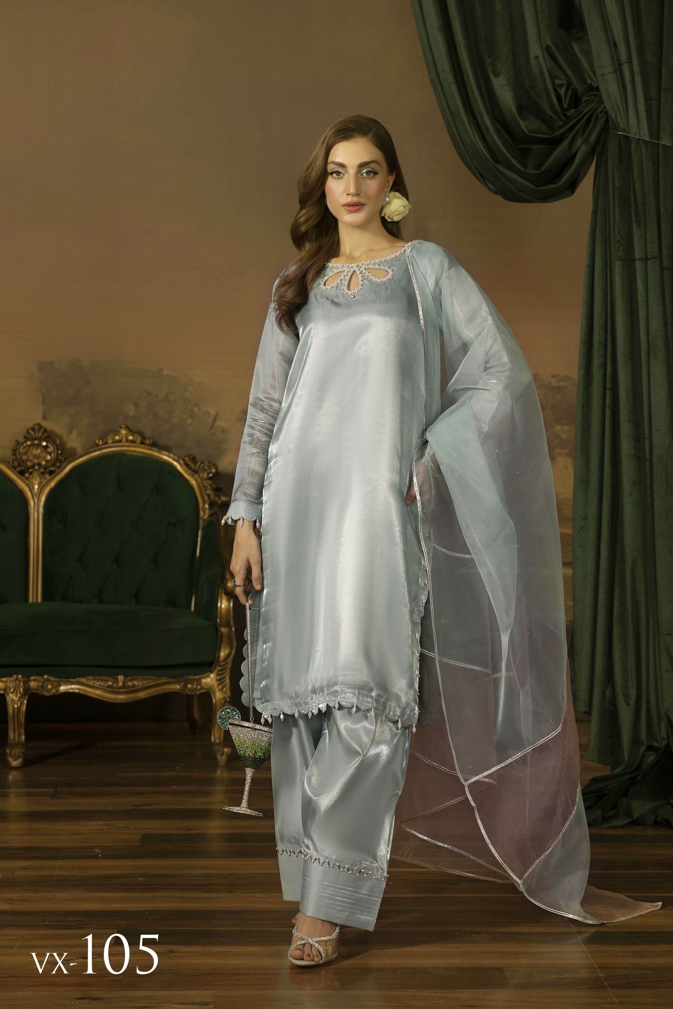 Crystal Pearl Embellished Silk Farshi Set - Farshi Bahaar by Mona FBM1