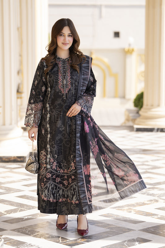 Khushi by Silver Black – 3pc Embroidered Cotton Long Dress KBS14