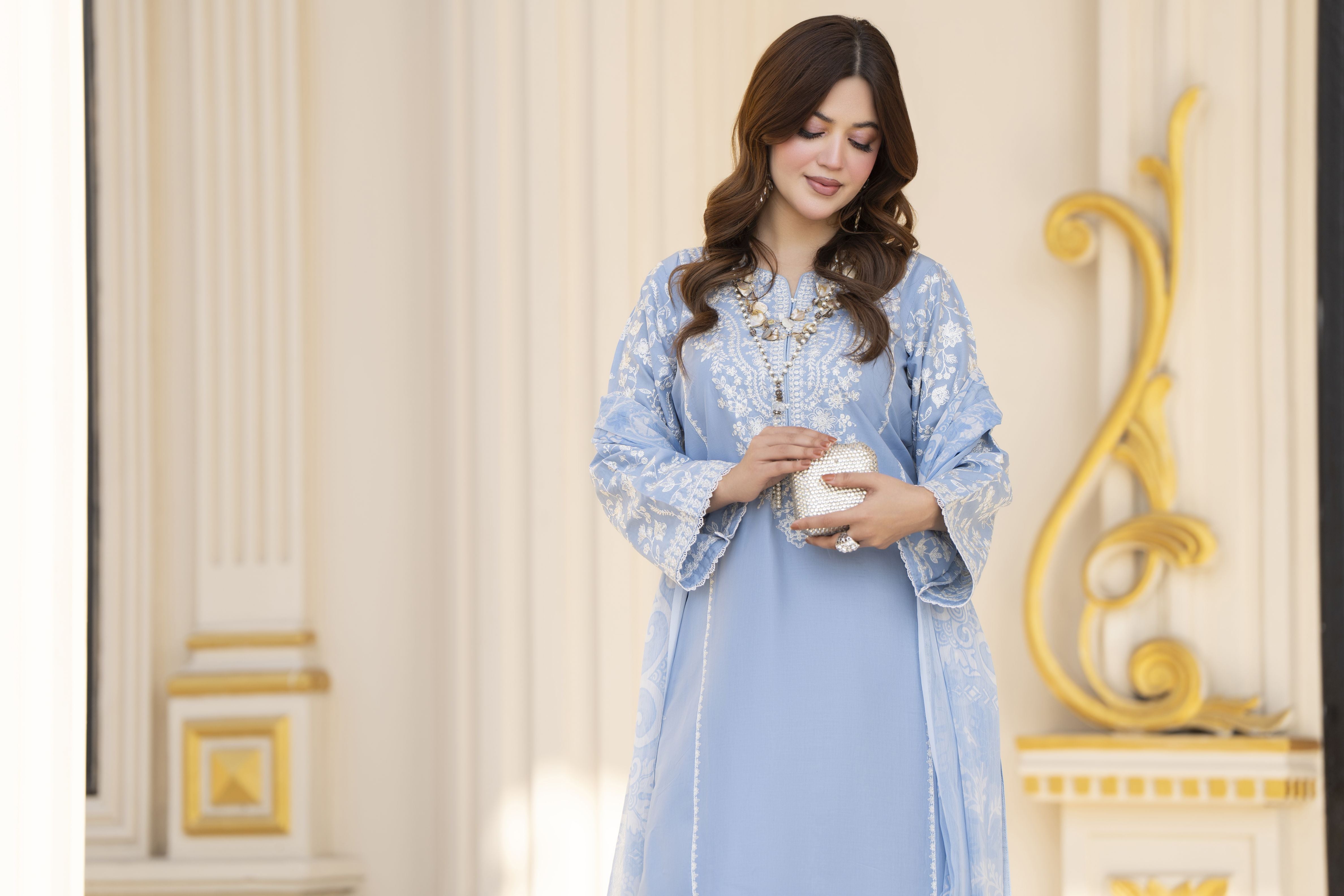 Khushi by Silver Sky Blue – 3pc Cotton Suit with Farshi Shalwar KBS10