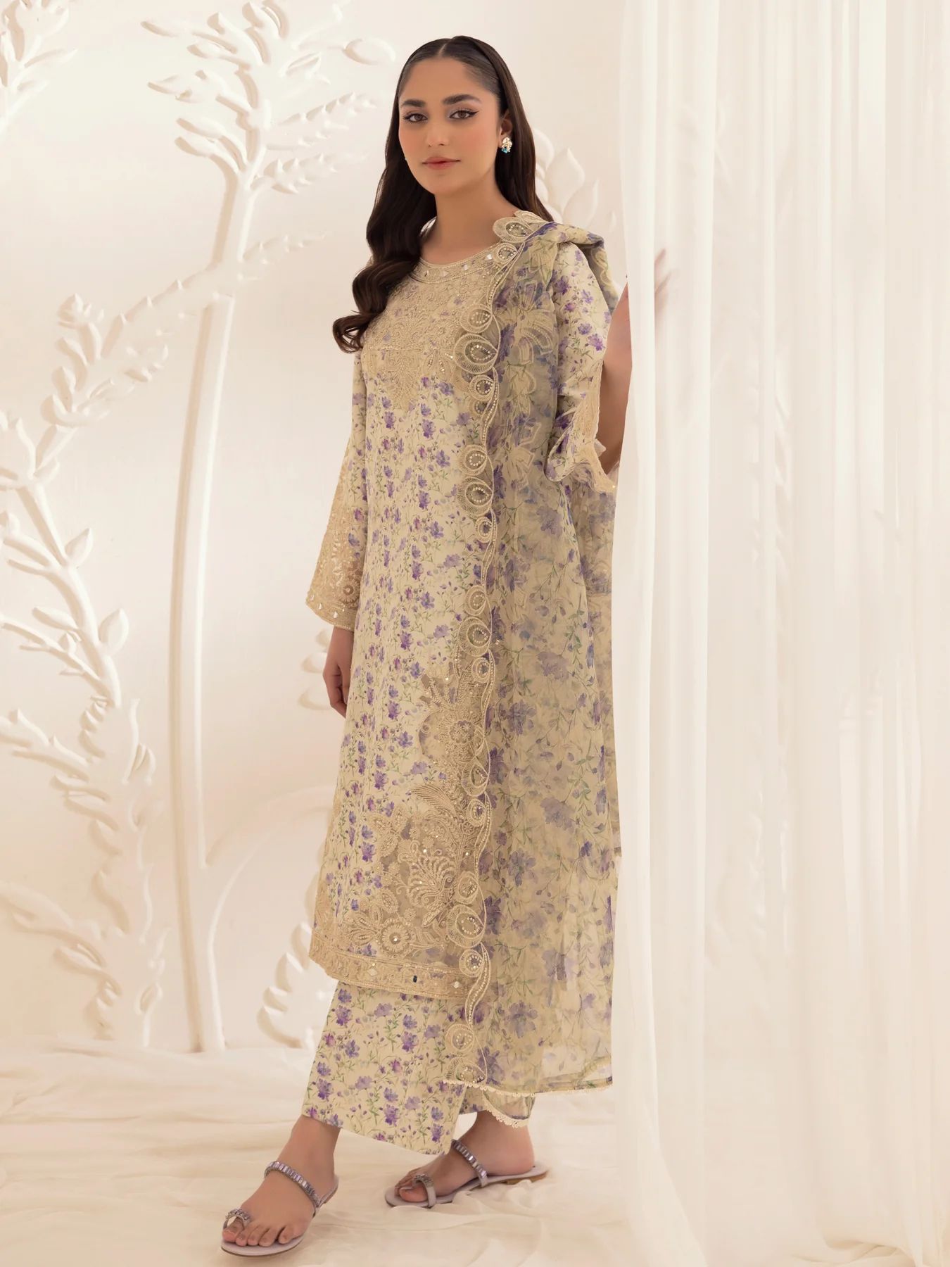 Muse06 – Golden Lilac | 3pc Silk Lawn Embroidered Summer Suit with Printed Dupatta by Mohagni