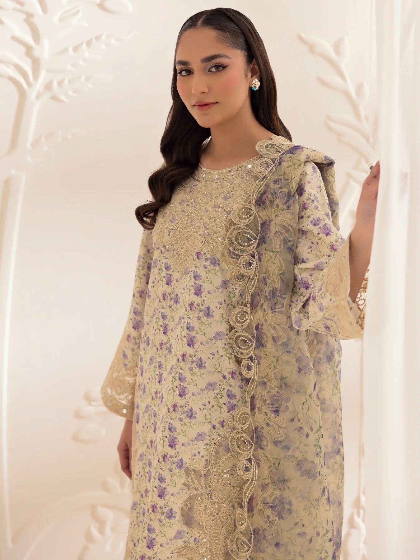 Muse06 – Golden Lilac | 3pc Silk Lawn Embroidered Summer Suit with Printed Dupatta by Mohagni