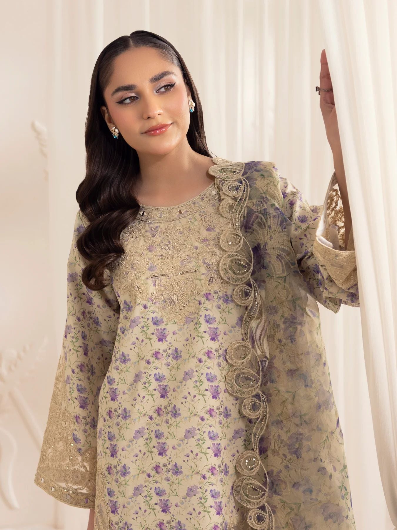 Muse06 – Golden Lilac | 3pc Silk Lawn Embroidered Summer Suit with Printed Dupatta by Mohagni