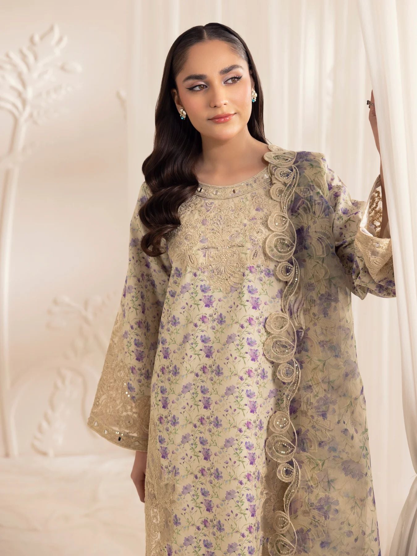 Muse06 – Golden Lilac | 3pc Silk Lawn Embroidered Summer Suit with Printed Dupatta by Mohagni