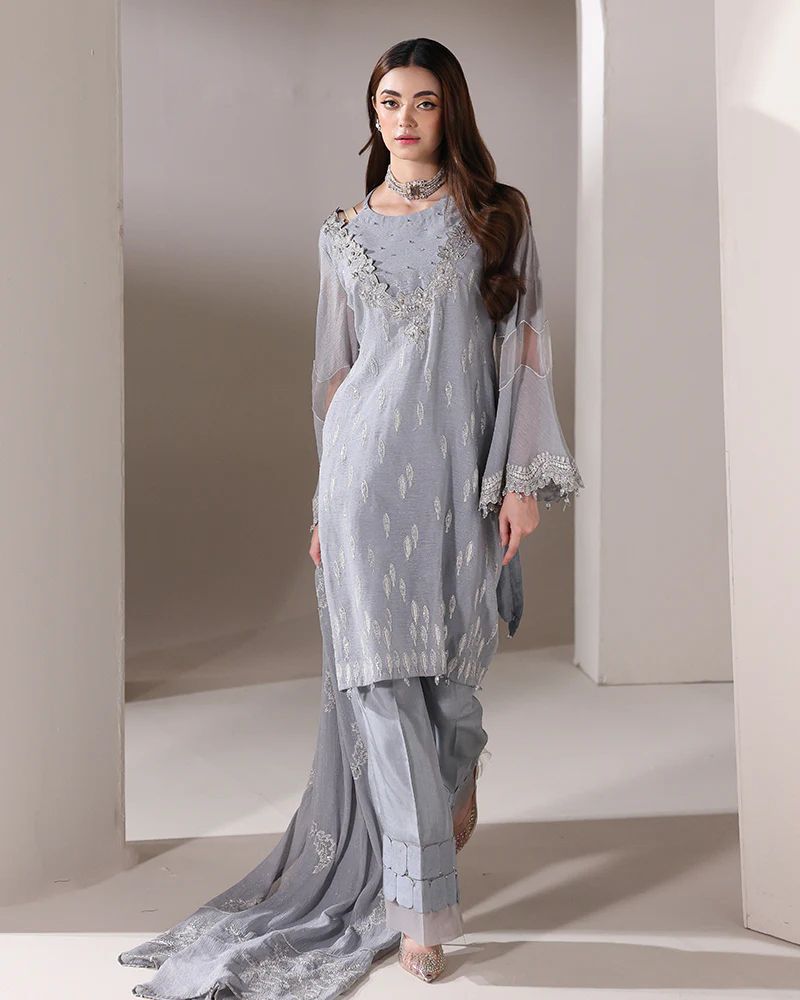 Starstruck by Ain – Silver Zari Chiffon 3pc Dress with Diamante Palazzo SBA2