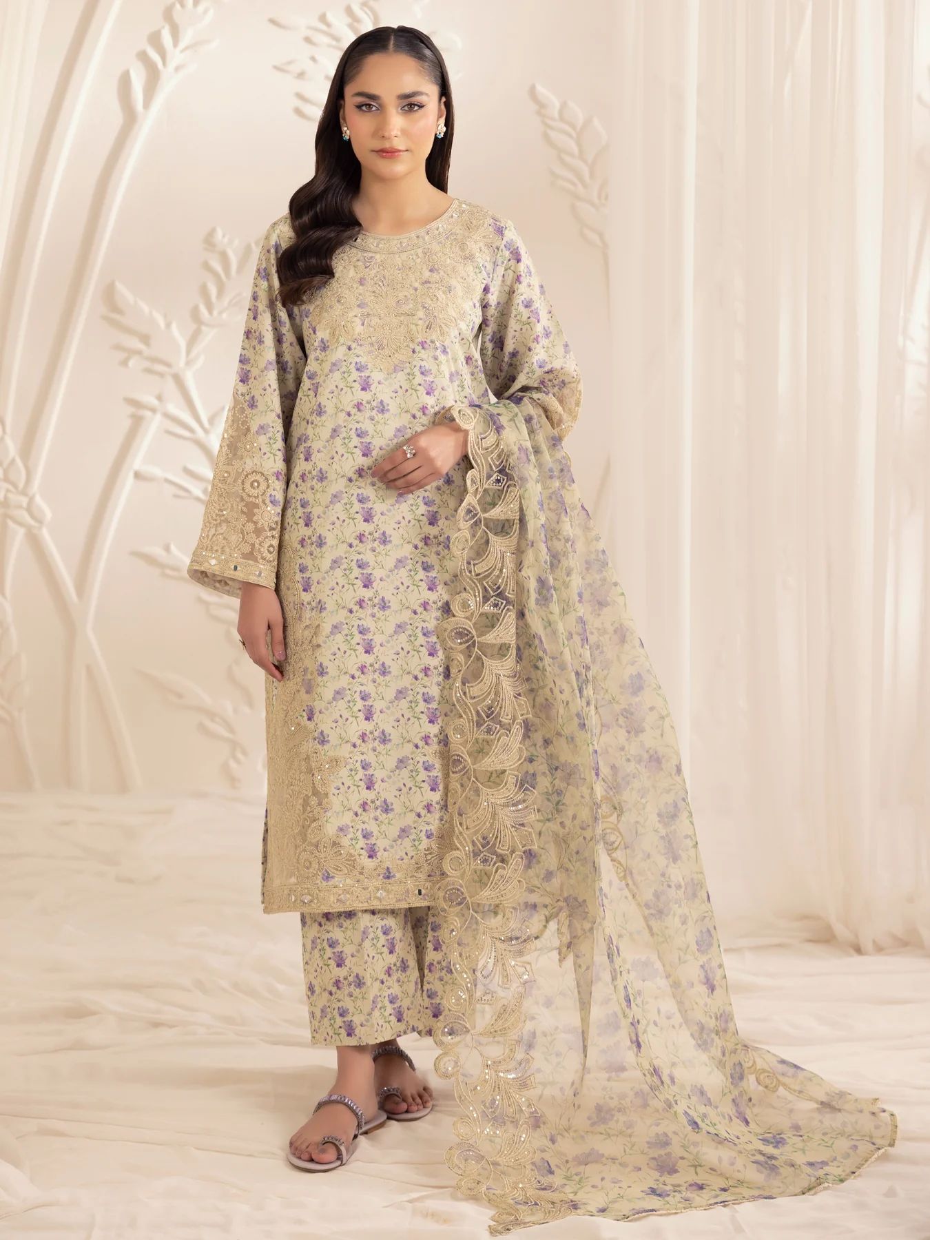 Muse06 – Golden Lilac | 3pc Silk Lawn Embroidered Summer Suit with Printed Dupatta by Mohagni