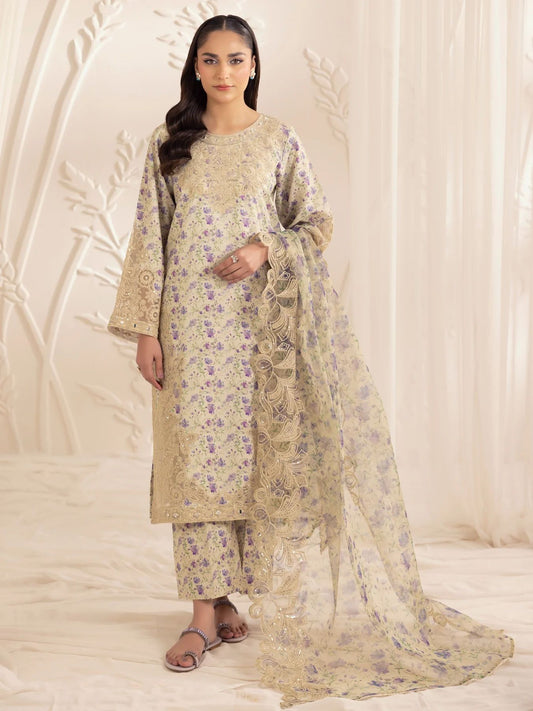 Muse06 – Golden Lilac | 3pc Silk Lawn Embroidered Summer Suit with Printed Dupatta by Mohagni