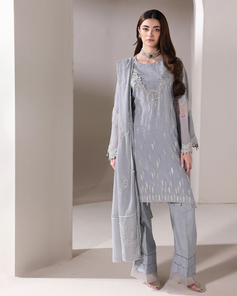 Starstruck by Ain – Silver Zari Chiffon 3pc Dress with Diamante Palazzo SBA2