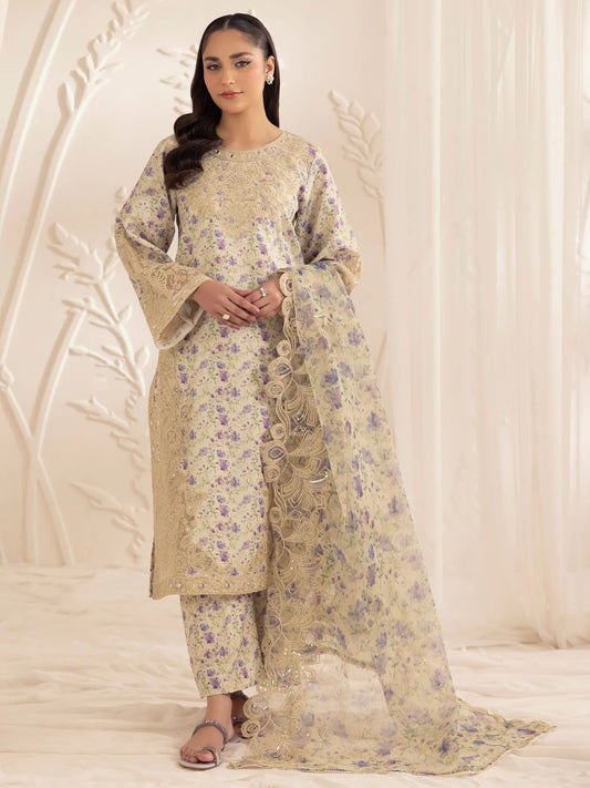 Muse06 – Golden Lilac | 3pc Silk Lawn Embroidered Summer Suit with Printed Dupatta by Mohagni