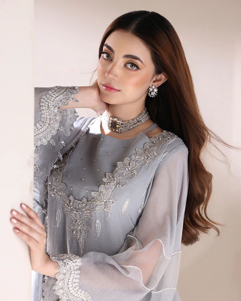 Starstruck by Ain – Silver Zari Chiffon 3pc Dress with Diamante Palazzo SBA2